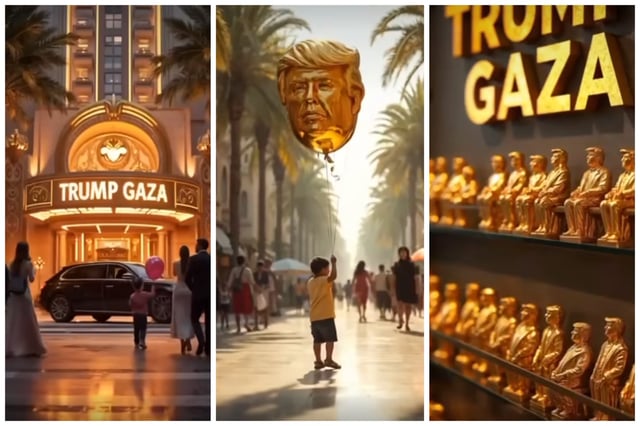 Images from an AI-generated video posted on President Donald Trump&#39;s page of a new vision for the Gaza Strip