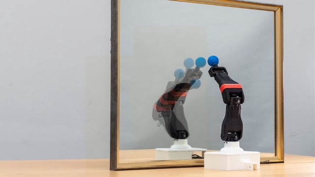 A robot observes its reflection in a mirror, learning its own morphology and kinematics for autonomous self-simulation.