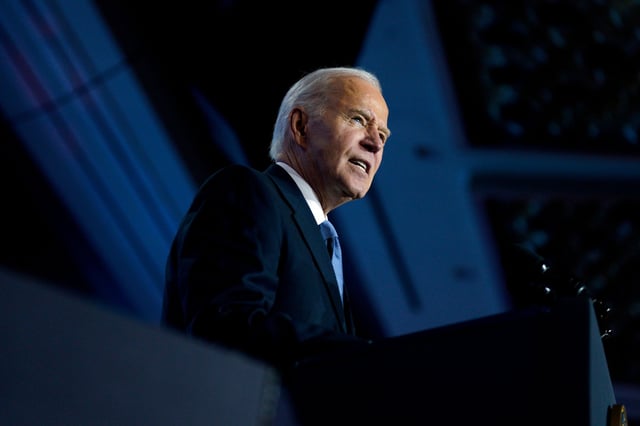 US President Joe Biden during the Conference of Mayors in Washington, DC, US, on Friday, Jan. 17, 2025. Biden's $52 billion bid to transform the domestic chip industry, one of the most ambitious pieces of US industrial policy since World War II, is about to enter a pivotal stage: life under a new administration. Photographer: Yuri Gripas/Abaca/Bloomberg via Getty Images