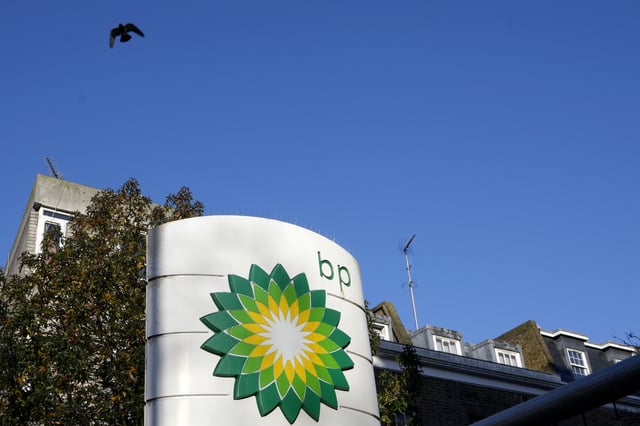 FILE - A sign at a BP petrol station in London, Feb. 7, 2023. British energy giant BP has confirmed it is to slash spending on green ventures and up its oil and gas production. (AP Photo/Kirsty Wigglesworth, File)