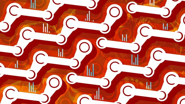 The Steam corporate logo repeats over a red background.