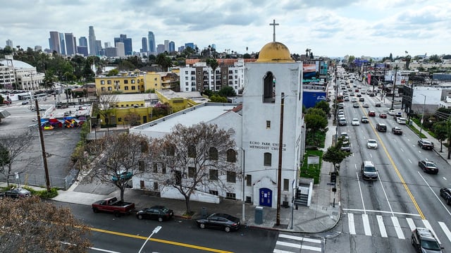 Los Angeles, CA, Thursday, February 29, 2024 - A view of Echo Park United Methodist Church, which has been a community beacon for 100 years. However, heavy rainfall has damaged the structure, which has brought the singing and worshipping to a stop while forcing the building to close.Built in 1923 at the corner of Reservoir and Alvarado streets, the church has been a place for marriages and baptisms, a haven for the homeless and a meeting space for Alcoholics Anonymous.
 (Robert Gauthier/Los Angeles Times via Getty Images)
