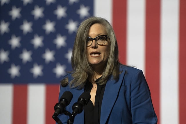 Arizona Gov. Katie Hobbs gives a brief speech prior to President Joe Biden&#39;s remarks at the Tempe Center for the Arts on September 28, 2023 in Tempe, Arizona.
