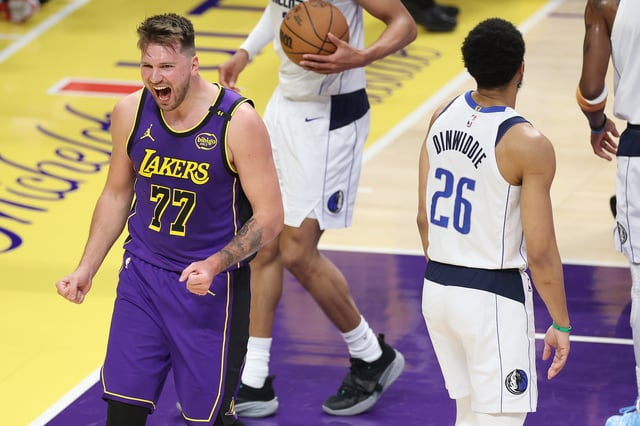 Luka Doncic #77 of the Los Angeles Lakers reacts to being fouled during the first half of a game against the Dallas Mavericks at Crypto.com Arena on February 25, 2025 in Los Angeles, California.