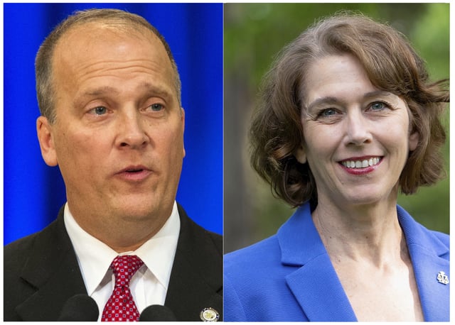 FILE - This combination of file photos shows Brad Schimel, former Republican attorney general Brad Schimel, in Madison, Wis., Jan. 5, 2015, and Susan Crawford in June 2024. (AP Photo/Andy Manis, Susan Crawford for Wisconsin, File)