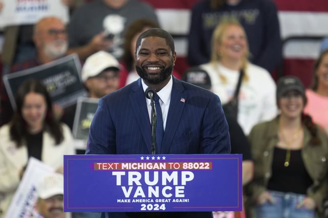 FILE - Rep. Byron Donalds, R-Fla., speaks before Republican vice presidential nominee Sen. JD Vance, R-Ohio at Center Courts during a campaign rally, Oct. 29, 2024, in Saginaw, Mich. (AP Photo/Paul Sancya, File)