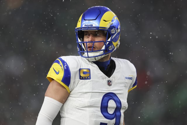 PHILADELPHIA, PENNSYLVANIA - JANUARY 19: Matthew Stafford #9 of the Los Angeles Rams looks to the sideline during the NFC Divisional playoff game against the Philadelphia Eagles at Lincoln Financial Field on January 19, 2025 in Philadelphia, Pennsylvania. The Eagles defeated the Rams 28-22.