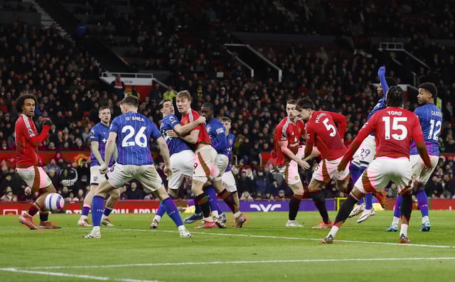 Soccer Football - Premier League - Manchester United v Ipswich Town - Old Trafford, Manchester, Britain - February 26, 2025 Manchester United's Harry Maguire scores their third goal Action Images via Reuters/Jason Cairnduff