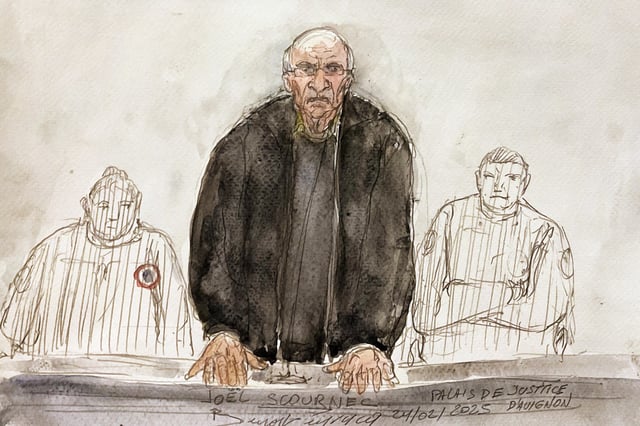 This court sketch created on Feb. 24, 2025 shows retired surgeon Joel Le Scouarnec on the opening day of his trial in Vannes, northern France.