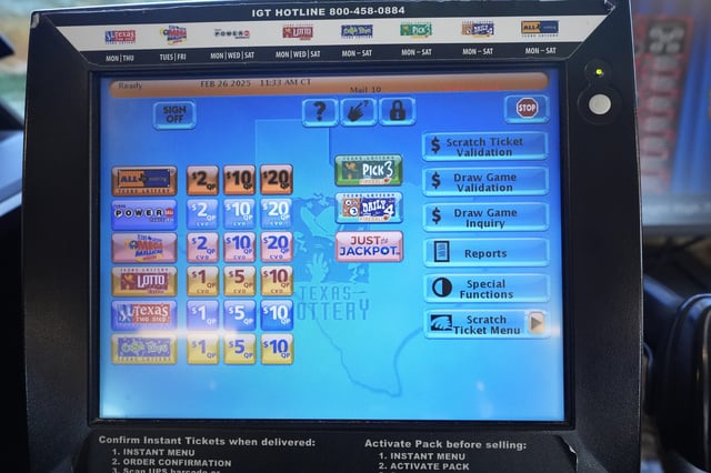 A Texas Lottery sales terminal screen is shown at Fuel City in Dallas, Wednesday, Feb. 26, 2025. (AP Photo/LM Otero)