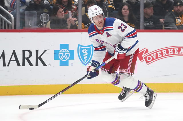 Feb 23, 2025; Pittsburgh, Pennsylvania, USA;  New York Rangers defenseman Adam Fox (23) handles the puck against the Pittsburgh Penguins during the first period at PPG Paints Arena. Mandatory Credit: Charles LeClaire-Imagn Images/File Photo