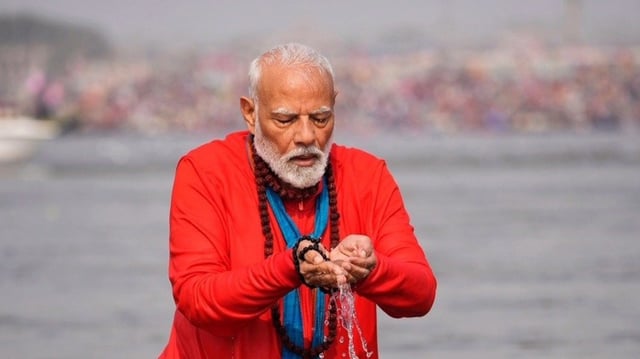 Prime Minister Narendra Modi took a holy dip at the Triveni Sangam during the Maha Kumbh in Prayagraj on February 5.