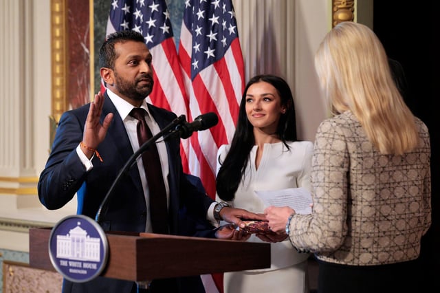 US Attorney General Pam Bondi swears in the new FBI Director Kash Patel in the Indian Treaty Room in the Eisenhower Executive Office Building on February 21, in Washington, DC.