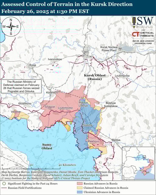 A map produced by the Institute for the Study of War think tank, showing assessed Russian and Ukrainian control in Kursk, western Russia, as of Wednesday.