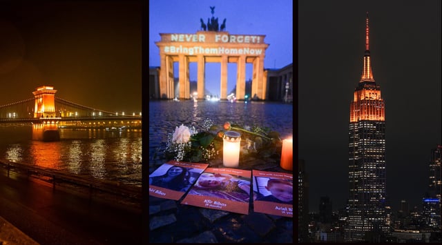 L-R: Budapest's Chain Bridge; Berlin's Brandenburg Gate; and New York City's Empire State Building are illuminated in orange to honor the slain Bibas family, Feb. 26, 2025. (Courtesy Kidma; Sebastian Gollnow/picture alliance via Getty Images; Craig T Fruchtman/Getty Images)