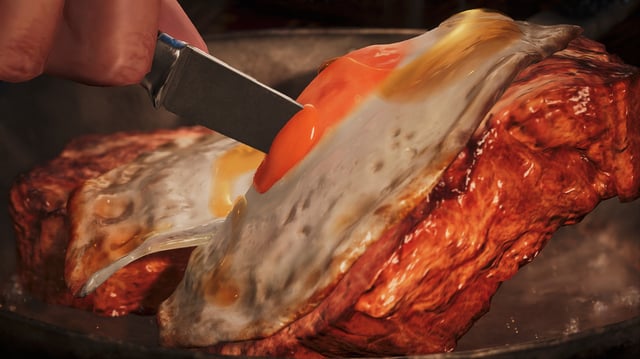 Monster Hunter Wilds Food - A close up shot of steak and eggs. 