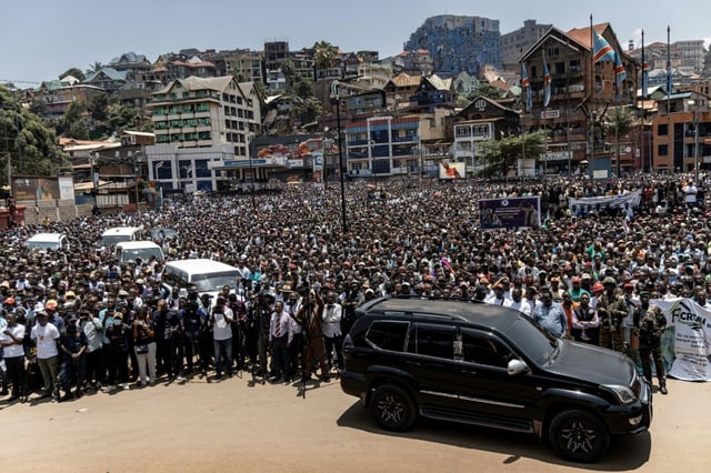 A first explosion caused panic, sending spectators attending the Bukavu meeting fleeing, before a second rang out