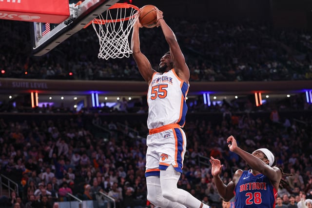 Dec 7, 2024; New York, New York, USA; New York Knicks center Ariel Hukporti (55) dunks during the second half against the Detroit Pistons at Madison Square Garden. Mandatory Credit: Vincent Carchietta-Imagn Images/File Photo