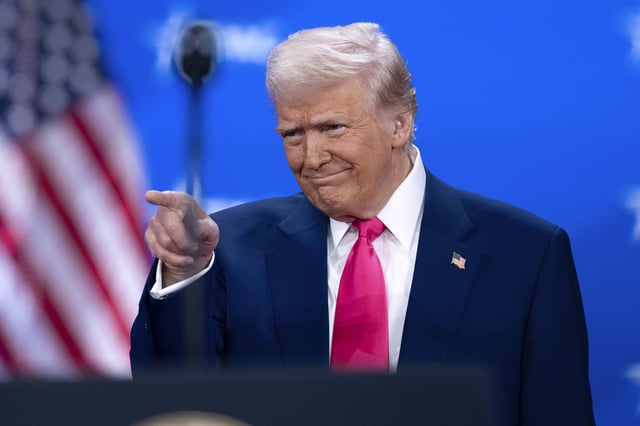 President Donald Trump gestures as he arrives to speak at the Conservative Political Action Conference, CPAC, at the Gaylord National Resort & Convention Center, Saturday, Feb. 22, 2025, in Oxon Hill, Md. 