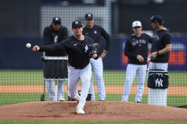 Feb 12, 2025; Tampa, FL, USA; New York Yankees relief pitcher Scott Effross (57) participates in spring training workouts at George M. Steinbrenner Field. Mandatory Credit: Nathan Ray Seebeck-Imagn Images/FIle Photo