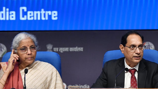 Union finance minister Nirmala Sitharaman addresses a post-budget press conference at the National Media Centre in New Delhi, with finance and revenue secretary Tuhin Kanta Pandey present.
