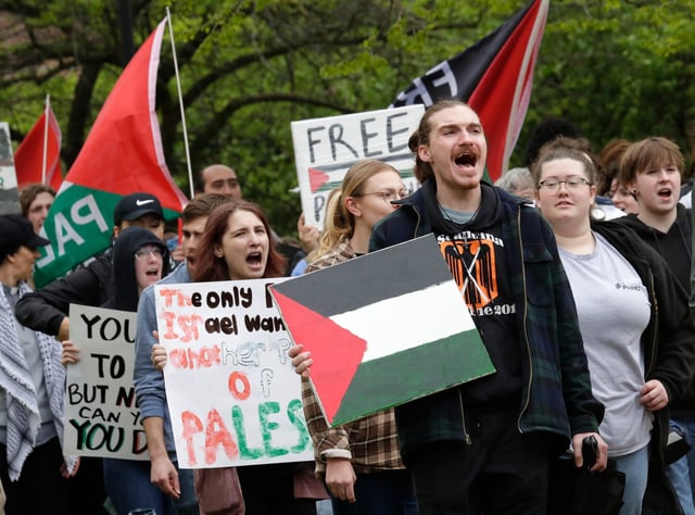 Students and citizens participate in a march for Palestine Tuesday, May 7, 2024, at the University of Wisconsin-Oshkosh in Oshkosh, Wisconsin. The OSSA (Oshkosh Student Socialist Association) organized the protest, and the UWO College of Democrats, SDS, and UWO Disability Advocates cosponsored the event.