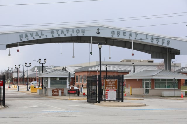 Naval Station Great Lakes entrance along Buckley Road on April 14, 2020 in Great Lakes. (Stacey Wescott/Chicago Tribune)