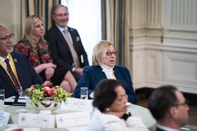 Maine Gov. Janet Mills disagrees with President Donald Trump as he speaks a during a meeting with governors in the State Dining Room at the White House on February 21, 2025 ,in Washington, D.C. (Photo by Jabin Botsford/Washington Post/Getty Images)