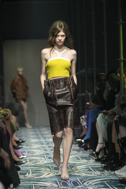 A model wears a creation as part of the Prada Fall/Winter 2025-2026 Womenswear collection presented in Milan, Italy, Thursday, Feb. 27, 2025. (AP Photo/Antonio Calanni)