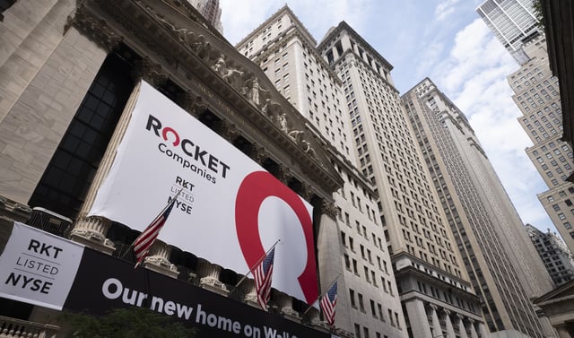 FILE - A Rocket Companies sign is displayed on the exterior of the New York Stock Exchange, Thursday, Aug. 6, 2020, in New York. (AP Photo/Mark Lennihan)