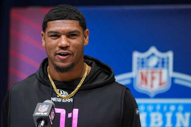 Miami tight end Elijah Arroyo speaks during a press conference at the NFL football scouting combine in Indianapolis, Thursday, Feb. 27, 2025. (AP Photo/Michael Conroy)