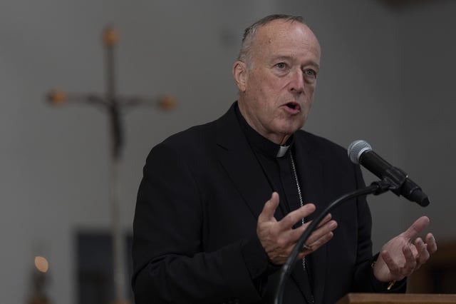 Cardinal Robert McElroy of San Diego, who was named in January as the archbishop of Washington, D.C. by Pope Francis, speaks during a news conference Thursday, Feb. 27, 2025, in San Diego. (AP Photo/Gregory Bull)
