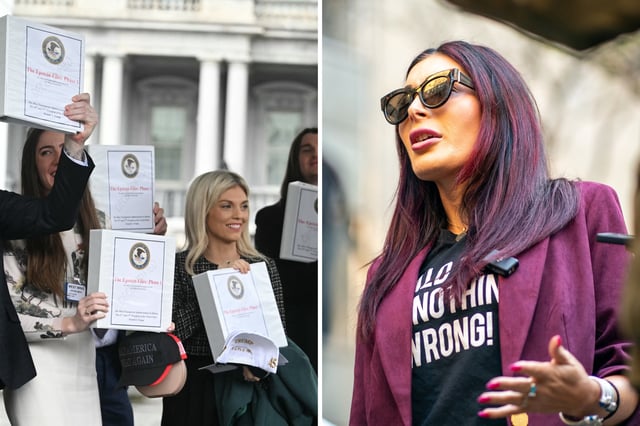 Attorney General Pam Bondi is pictured on the left holding an &#34;Epstein Files&#34; binder alongside conservative influencers outside the White House in Washington, D.C. on January 27, 2025, while Laura Loomer is shown on the right in New York City on April 15, 2024.