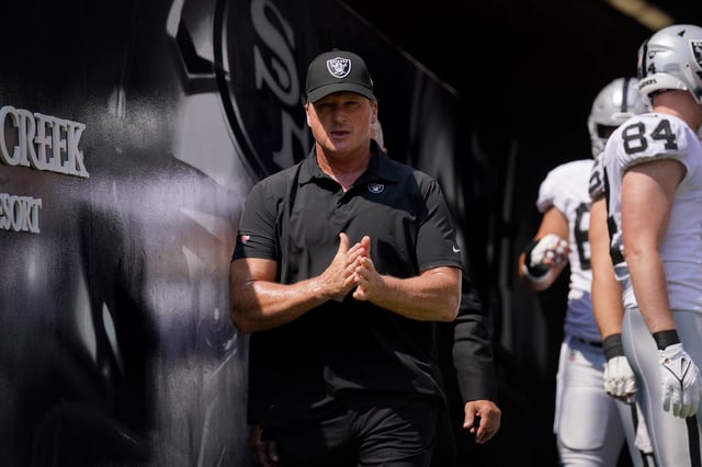 Aug 29, 2021; Santa Clara, California, USA; Las Vegas Raiders head coach Jon Gruden walks onto the field before the start of the game against the San Francisco 49ers at Levi's Stadium. Mandatory Credit: Cary Edmondson-USA TODAY Sports/File Photo
