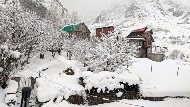 A scenic view of Rashil village in Lahaul-Spiti blanketed in fresh snow after the upper reaches received heavy snowfall on Thursday.