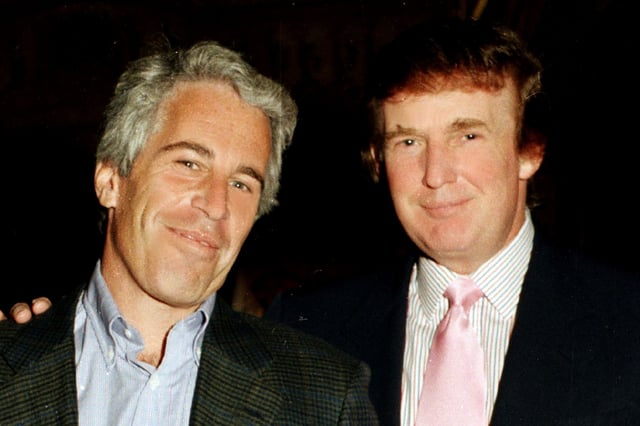 Jeffrey Epstein and Donald Trump pose together at Mar-a-Lago in Palm Beach, Florida, in 1997.