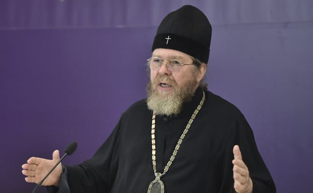 Russian Metropolitan Tikhon Shevkunov, known as President Vladimir Putin&#39;s confessor, speaking at a news conference on the opening of the Novy (New) Khersones church museum complex in the city of Sevastopol, Republic of Crimea, on July 23, 2024.
