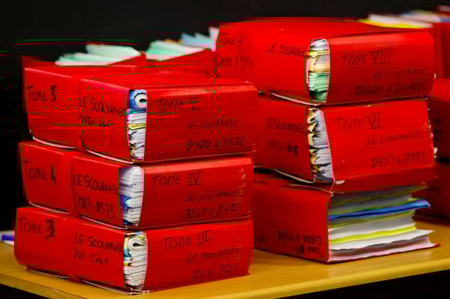 Files are kept inside the court on the day of the trial of ex-surgeon Joel Le Scouarnec, accused of the rape, aggravated rape and sexual assault against hundreds of children over several decades, at the courthouse in Vannes, Brittany, France, February 24, 2025. REUTERS/Stephane Mahe/File Photo