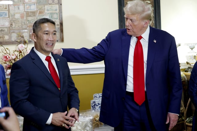 Donald Trump speaks alongside Republican candidate for U.S. Senate in Virginia Hung Cao at the Truong Tien Restaurant in the Eden Center on August 26, 2024 in Falls Church, Virginia.