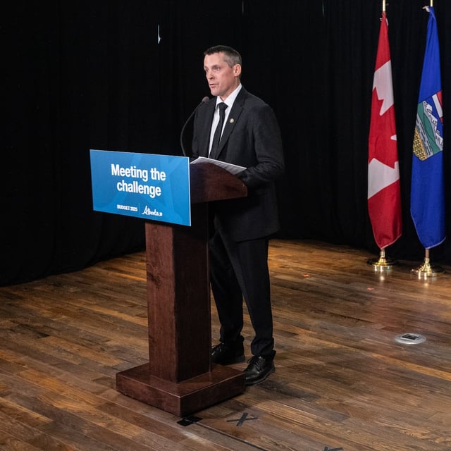 Alberta Finance Minister Nate Horner presents the Alberta 2025 budget in Edmonton, on Feb. 27.