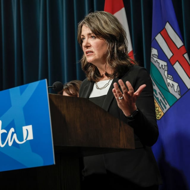 Alberta Premier Danielle Smith addresses a news conference in Calgary, Alta., Wednesday, Feb. 19, 2025.THE CANADIAN PRESS/Jeff McIntosh