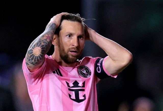 Feb 22, 2025; Fort Lauderdale, Florida, USA; Inter Miami CF forward Lionel Messi (10) reacts against New York City FC during the second half at Chase Stadium. Mandatory Credit: Sam Navarro-Imagn Images/File Photo