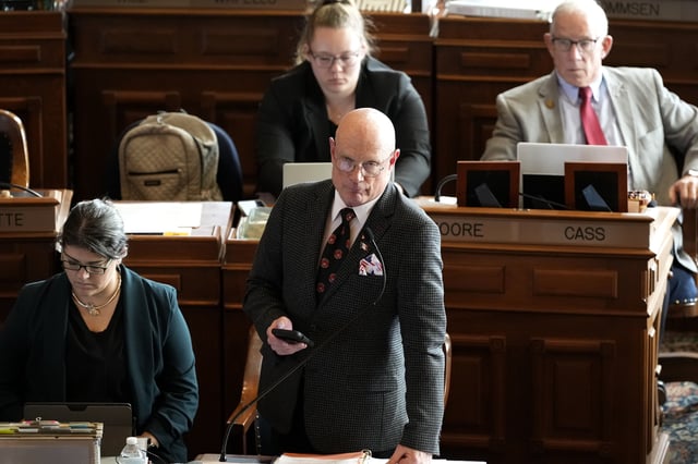 Rep. Steven Holt, R-Denison, speaks during debate on the gender identity bill, Thursday, Feb. 27, 2025, at the Statehouse in Des Moines, Iowa. (AP Photo/Charlie Neibergall)