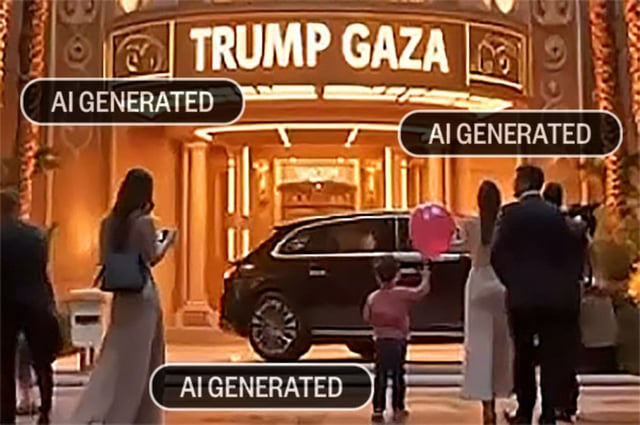 A scene from an AI-generated video of a Trump Gaza resort. ("AI GENERATED" graphics added by NBC News.)