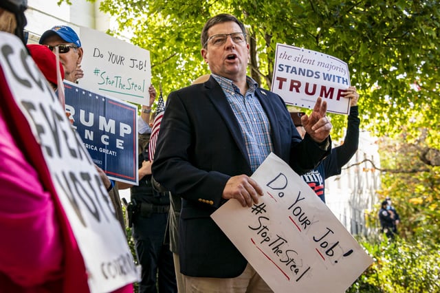 Ed Martin speaks at a news conference outside the Republican National Committee at Capitol Hill, on Nov. 5, 2020.