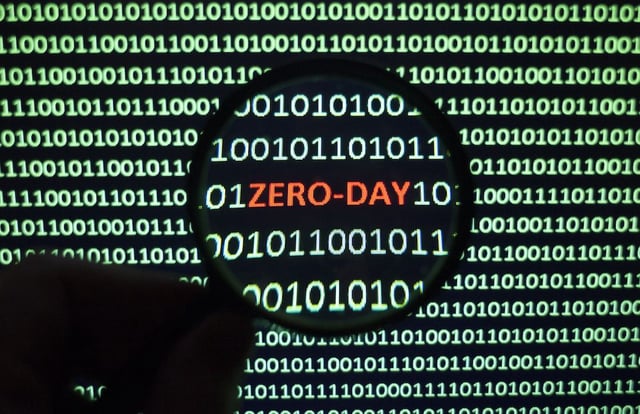 The phrase Zero Day can be spotted on a monochrome computer screen clogged with ones and zeros.