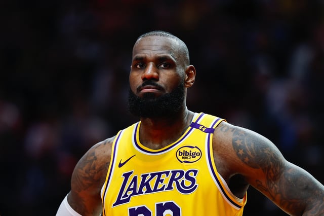 LeBron James #23 of the Los Angeles Lakers looks on during the second quarter against the Portland Trail Blazers at Moda Center on February 20, 2025 in Portland, Oregon.