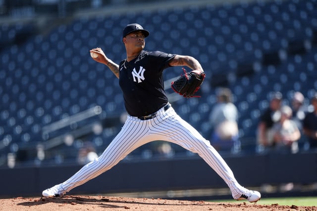 Feb 15, 2025; Tampa, FL, USA; New York Yankees starting pitcher Luis Gil (81) participates in spring training workouts at George M. Steinbrenner Field. Mandatory Credit: Nathan Ray Seebeck-Imagn Images/File Photo