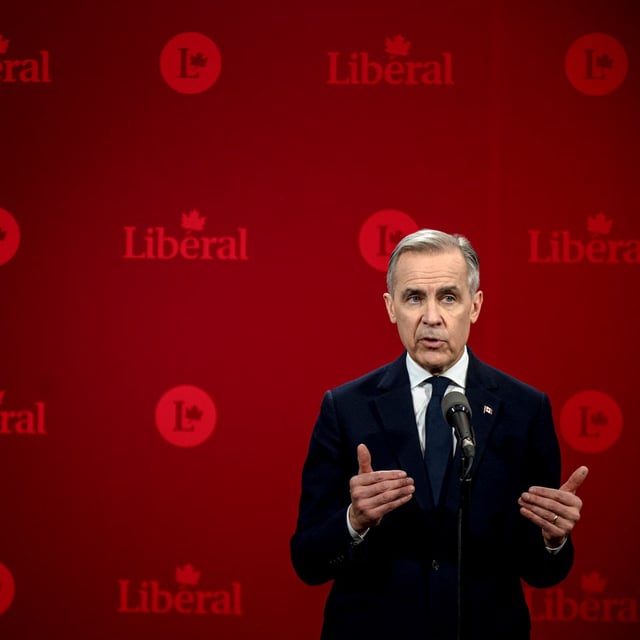 Mark Carney, former governor of the bank of Canada, gestures during a press conference following the second night of debate in the federal Liberal leadership race to replace Canadian Prime Minister Justin Trudeau at the MELS studios in Montreal, Canada, on February 25, 2025. (Photo by ANDREJ IVANOV / AFP) (Photo by ANDREJ IVANOV/AFP via Getty Images)