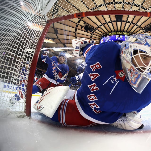 NEW YORK, NEW YORK - FEBRUARY 28:  Igor Shesterkin #31 of the New York Rangers gives up a second period goal to the Toronto Maple Leafs at Madison Square Garden on February 28, 2025 in New York City. The Maple Leafs defeated the Rangers 3-2.  (Photo by Bruce Bennett/Getty Images)